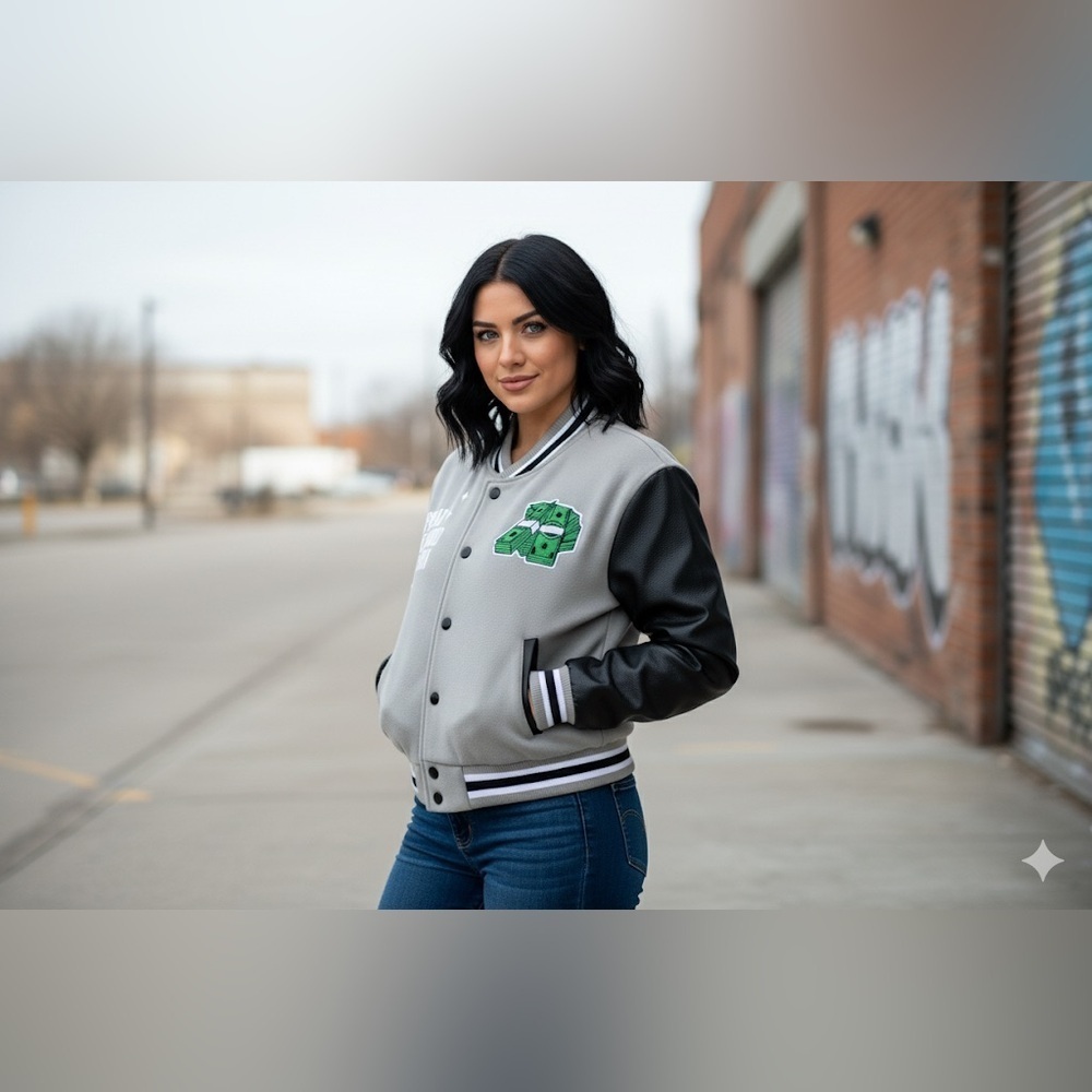 Women's Black and Gray Varsity Jacket